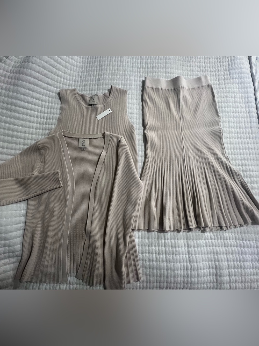 New Beige elegant Pleated Rib-Knit Midi Skirt set.